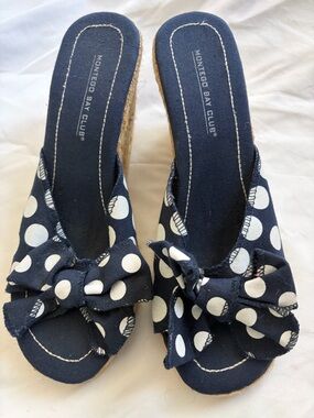 Montego Bay Blue White Polka Dot Fabric Wedge Espadrille Size 8